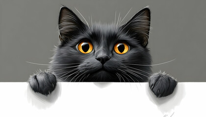 Adorable dark cat with bright eyes peeking over a white edge