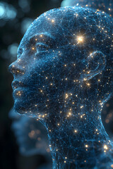 AI Female Form Digital blue mesh of a woman's side profile, with glowing spots