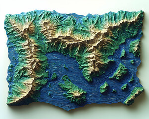 3D model Coastline with mountains and ocean, depicting geographic relief and depth