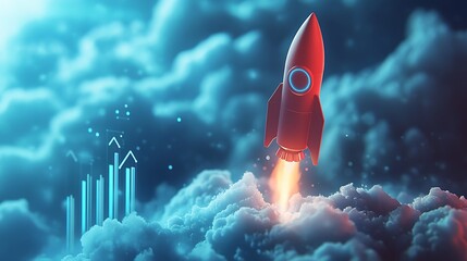 Rocket Launching Amidst Bar Graphs and Clouds, A red rocket launching amidst bar graphs and clouds, symbolizing growth and progress