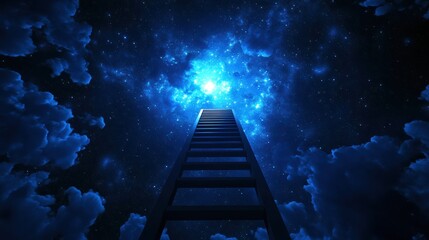 Surreal Ladder Reaching Toward Starry Sky in Deep Blue Cosmos with Ethereal Clouds and Bright Celestial Light