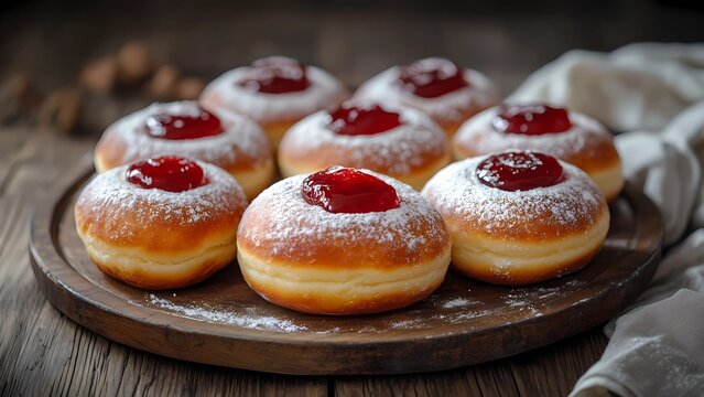 Freshly baked round jelly doughnuts with powdered sugar and strawberry filling on wooden serving tray closeup
 - Powered by Adobe