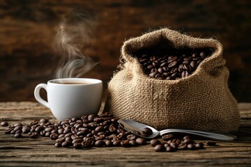 Coffee beans in burlap sack, steaming hot cup on rustic wooden table