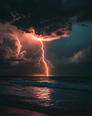Here metadata based on image and guidelines A dramatic lightning strike illuminates ocean, creating feeling of awe and power as it pierces dark storm clouds above tranquil water
