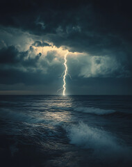 Dramatic lightning strikes ocean during dark and stormy night, illuminating sky with powerful and awe inspiring display of nature fury. breathtaking sight