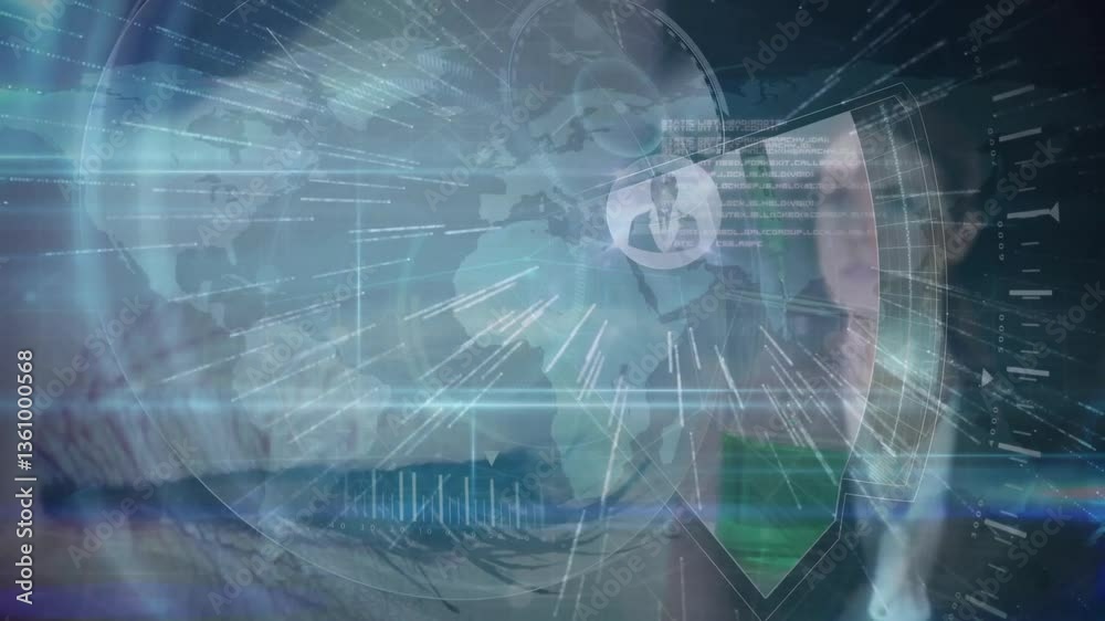 Poster animation of digital interface with network connections and data processing