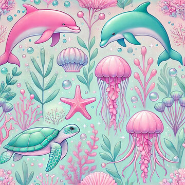 A seamless underwater pattern featuring pastel-colored marine life, including pink and turquoise dolphins, sea turtles, jellyfish, starfish, shells, and sea plants