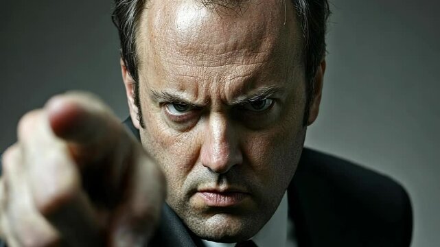 Intense man pointing with serious expression in a studio setting during a dramatic moment