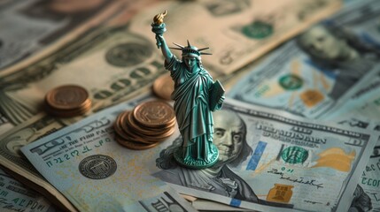 Money coin, statue of liberty. Tax season. Tax return. Concept.
