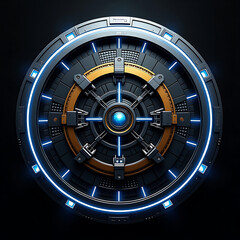 Naklejka premium Futuristic Mechanical Design – Intricate Gear-Like Structure with Glowing Blue Accents, Metallic Blues, Golds & Blacks, Sci-Fi Portal Aesthetic Featuring Precision, Energy, and Complex Detailing