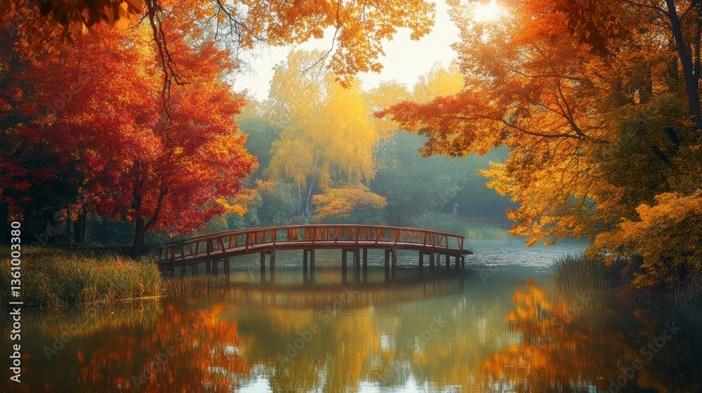 Poster wooden bridge over calm lake in autumn park with colorful trees reflecting in water.