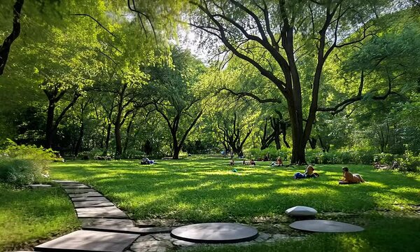 Sunny park scene with people relaxing under trees