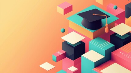 Colorful 3D Graduation Cap on Geometric Shapes and Blocks Background