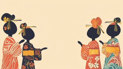 Fototapeta premium Traditional Japanese Women in Kimono with Elegant Hairstyles and Gestures