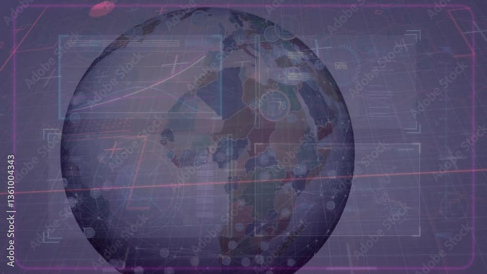 Poster animation of rotating globe with digital data and graphs overlaying features