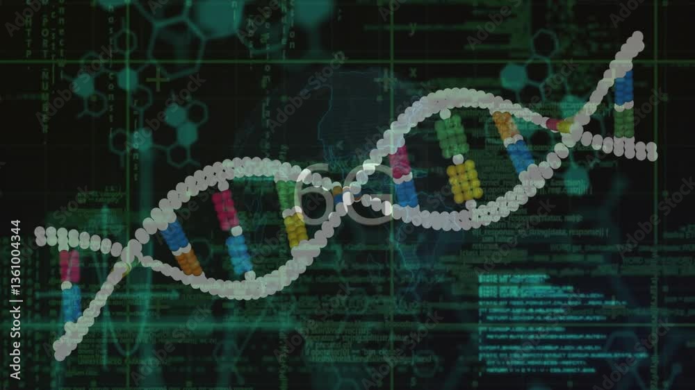 Poster dna strand with binary coding, processing scientific data in animation