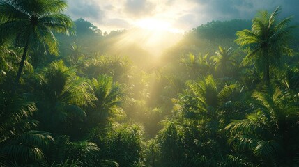 Sun rays through lush tropical jungle.