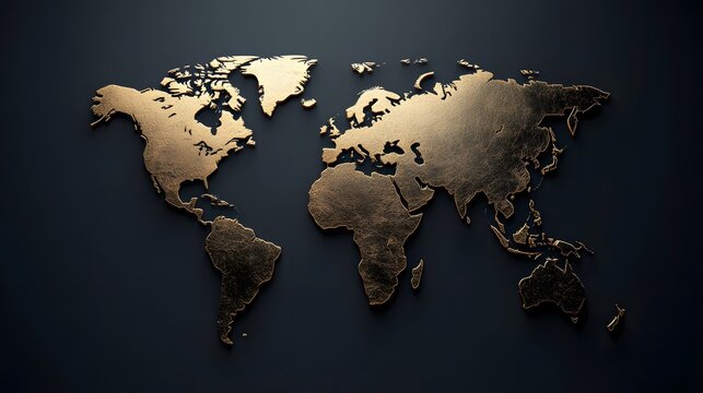 Fototapeta Luxury metallic world map corporate aesthetics dark background global representation
