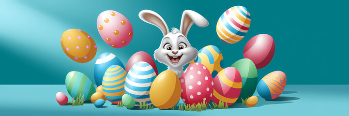 A vibrant festive Easter Holiday featuring a joyful white rabbit surrounded by colorful Easter eggs in shades of pink blue green and yellow. Set against a teal gradient background with floating eggs