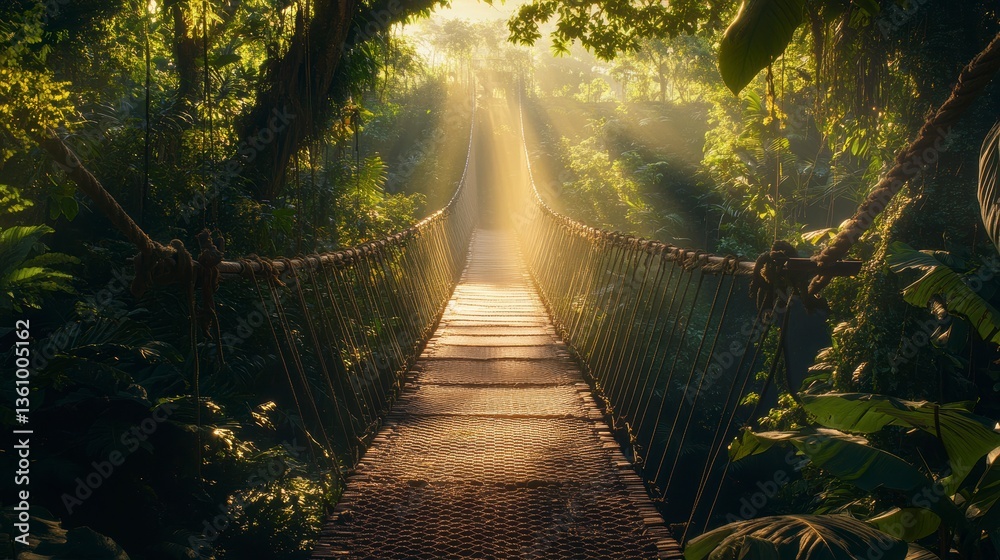 Poster sunlit rope bridge in lush jungle.