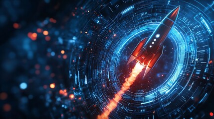Fototapeta premium Futuristic Rocket Launch in Digital Cyberspace, A futuristic rocket launching into a digital, cybernetic space with glowing blue and red lights