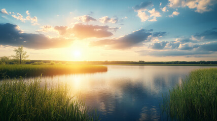 Beautiful, georgious summer sunrise above the lake, breathtaking landscape, backdrop, wallpaper 