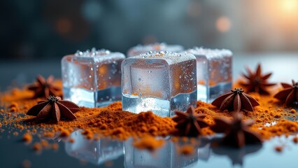 Fresh ice cubes melting on surface covered with orange spice and droplets	