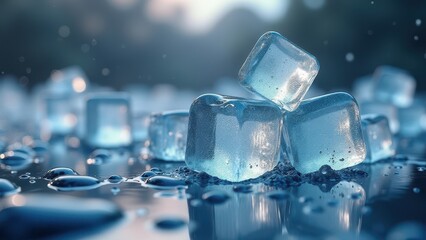 Obraz premium Fresh ice cubes melting on reflective surface in snowy forest at sunrise 