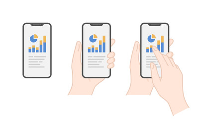 スマホに表示されたグラフ・分析データのベクターアイコンセット (線画・フラット)