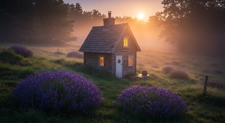 Rural cottage nestled in lavender field - serene escape - travel website landscape