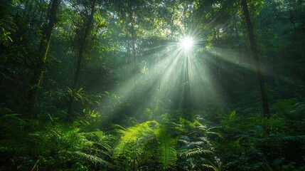 Obraz premium Sunbeams through lush green forest.