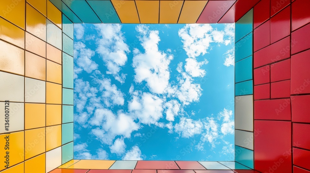 Poster colorful building frame showcasing a vibrant blue sky with fluffy white clouds viewed from below.