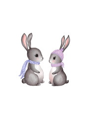 Cute watercolor bunnies isolated winter inspiration rabbits with hat and scarf warm illustration