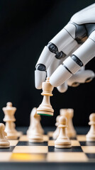Futuristic chess game with robotic arm symbolizing ai strategy and innovation