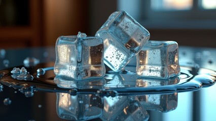 Fresh ice cubes melting on round glass plate in cozy indoor kitchen setting	