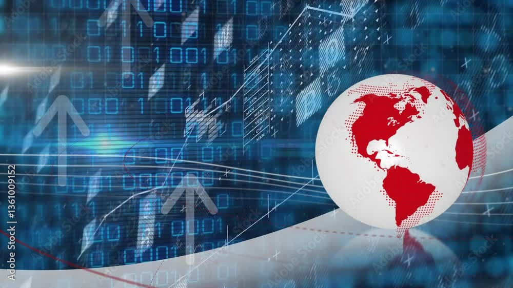 Poster digital animation of red globe with binary code and financial graphs