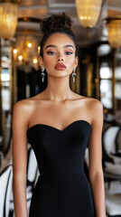 Fototapeta premium Elegant fashion model in little black dress in luxurious setting for glamour and style inspiration