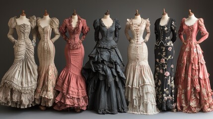 Naklejka premium Seven antique-style gowns on mannequins.