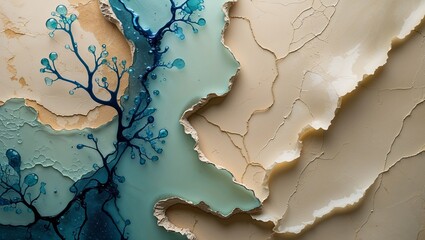 Abstract art featuring beige cracked earth and blue water with abstract plant details