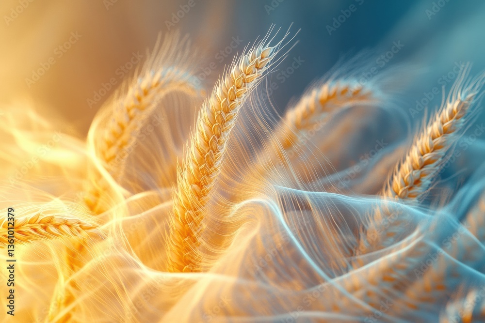 Poster Golden wheat transforms into glowing energy waves in a surreal dreamlike atmosphere with smooth gradients and ethereal movement Generative AI