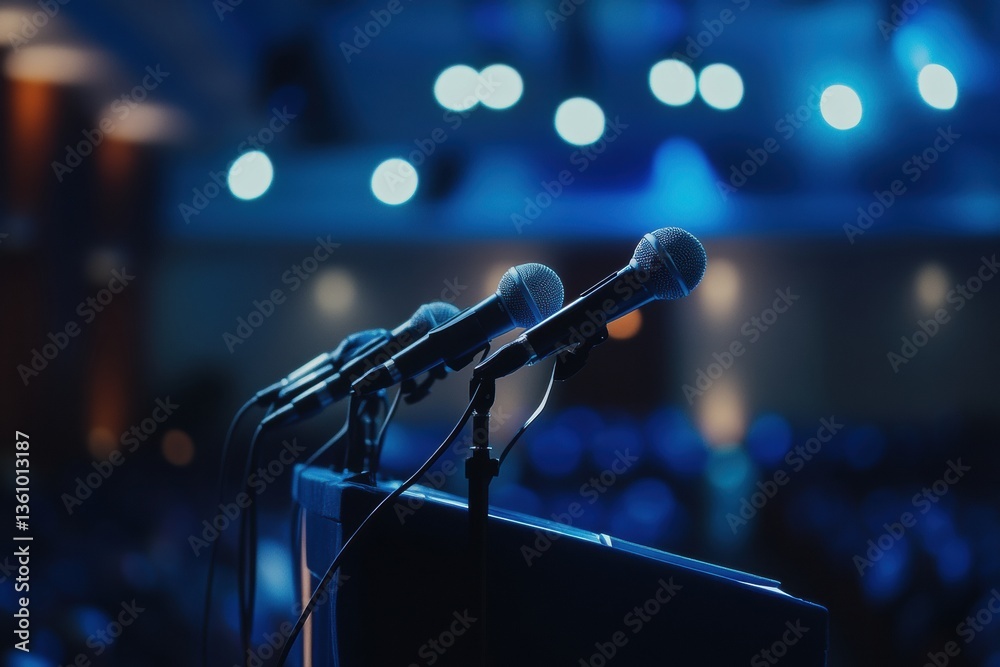 Aufkleber modern political podium with multiple microphones set for an important speech in a focused environme