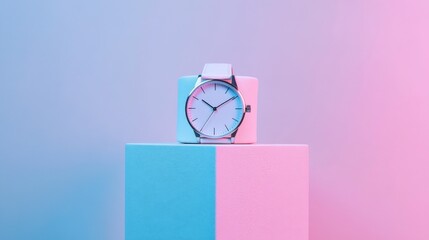 Stylish Wristwatch on Jewelry Stand Against Pastel Background