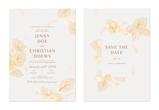 wedding invitation and save the date template set of delicate golden California Poppy flowers and leaves on a gray background, adding a contemporary and stylish feel
