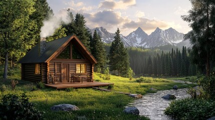 Serene Log Cabin in Lush Green Landscape with Vibrant Mountains and Stream at Sunset in Peaceful Wilderness Setting