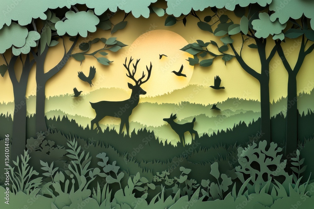 Poster layered paper cut forest with deer and birds showcases soft green tones and depth in a tranquil natu