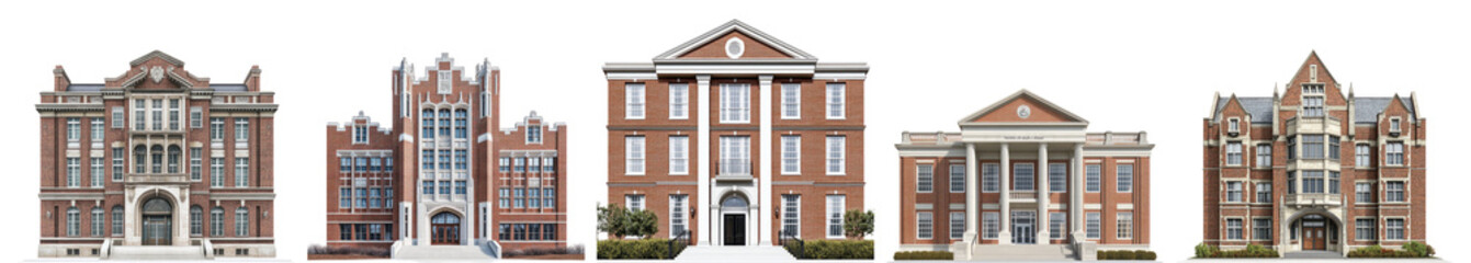 Historic Academic Buildings Showcase in Traditional Architecture Style, PNG bundle collection, Isolated on Transparent Background