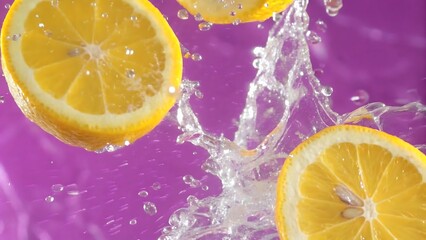 Lemon slices falling with water splash on a purple background in a vibrant and refreshing image scene