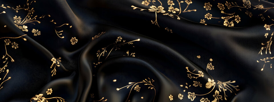 Luxurious black silk fabric with floral motifs and gold threads, elegant abstract design, high-quality 4k wallpaper  -