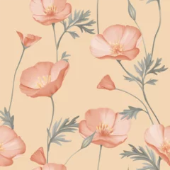 Fototapeten Floral seamless pattern features delicate orange California Poppy flowers in various stages of bloom and leaves on a warm orange background © momosama