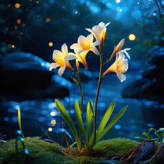 Naklejka premium Nocna frezja nad rzeką: czysta natura pod kocem gwiazd